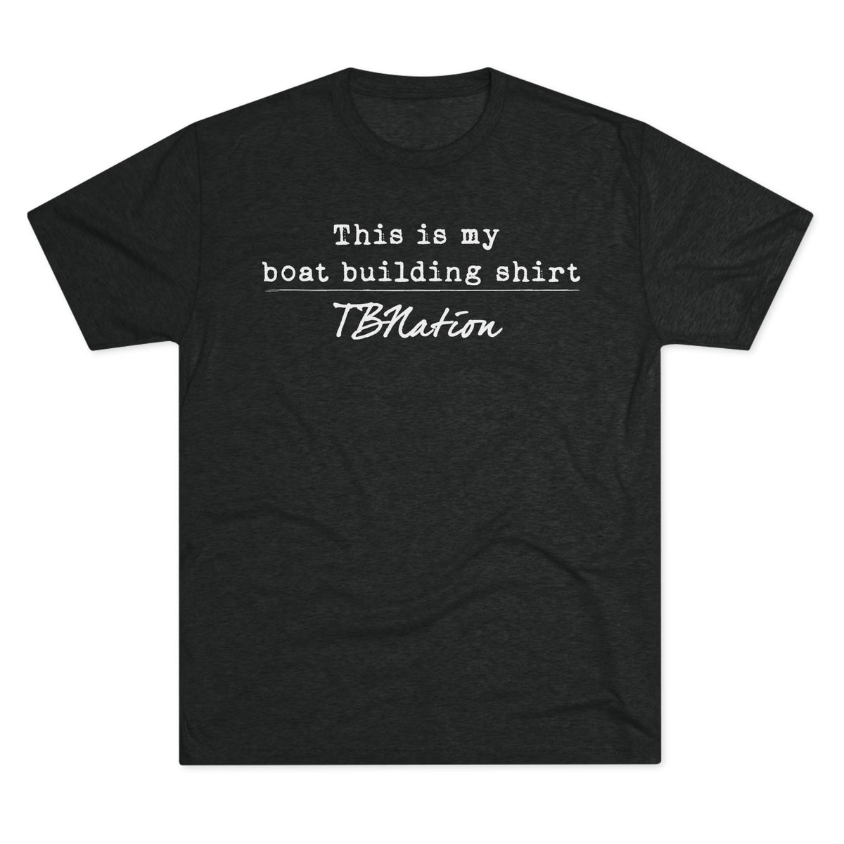 Black t-shirt with white text on a white background