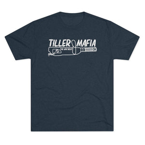 A navy blue short-sleeve crewneck t-shirt with a white graphic print on the chest reading 'TILLER MAFIA' above a rifle illustration, shown on a plain white background.