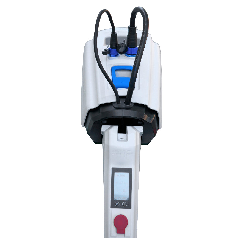 White electronic device with black cables on a white background