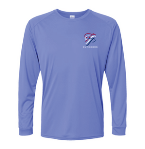 Purple long-sleeve shirt with a logo on the chest against a white background