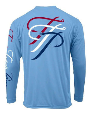 Blue long-sleeve shirt with a fish hook design on the back against a white background