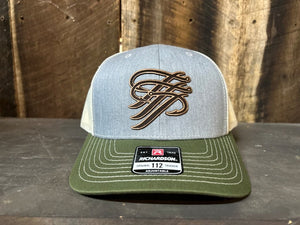 Blue and green cap with a logo on a wooden surface