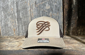 Beige and black cap with a logo on a wooden surface