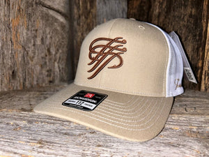 Beige cap with brown logo on a wooden surface