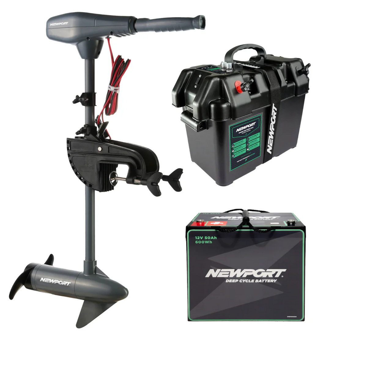 Kayak Series Trolling Motor-Watercraft Engines &amp; Motors-Newport Vessels-36lb Bundle + 12V 50Ah Deep Cycle Battery + Smart Battery Box-Tiny Boat Nation