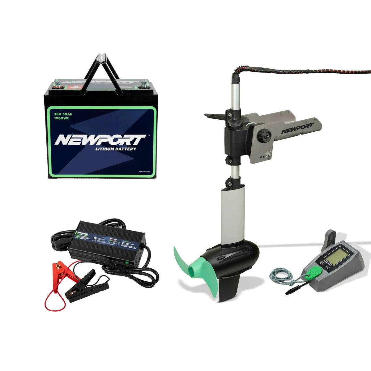 Newport NK300 3HP Electric Kayak Motor-Watercraft Engines &amp; Motors-Newport Vessels-NK300 Electric Outboard Motor Bundle + 36v 30Ah Lithium Battery + 36V Battery Charger-Tiny Boat Nation