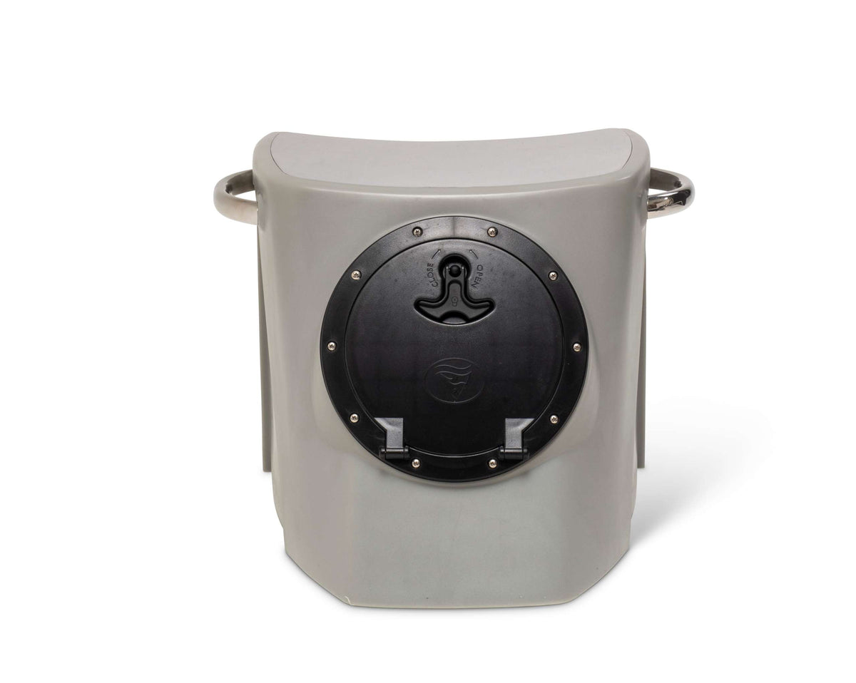 Black RPD 1019 rotationally molded polyethylene center console for Jon boat with stainless steel grab handle.