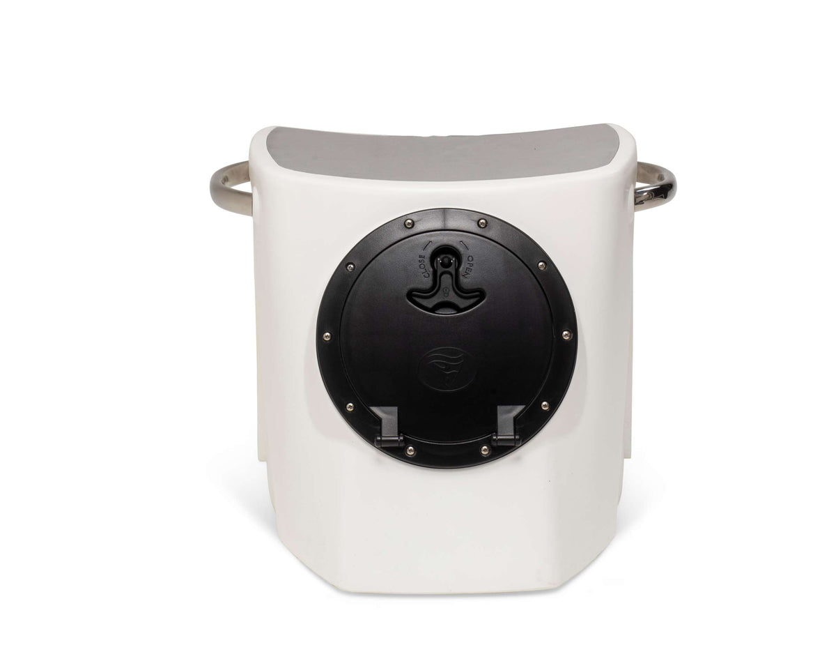 Black RPD 1019 rotationally molded polyethylene center console for Jon boat with stainless steel grab handle.