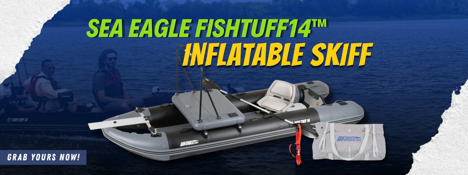 Sea Eagle FishTuff14™ inflatable skiff on water, showcasing its sleek design and stability for fishing adventures.
