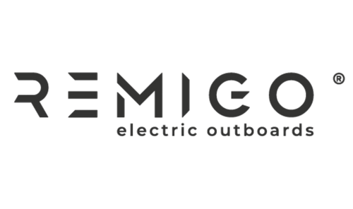 Remigo Electric Outboards logo, a brand specializing in lightweight, portable electric outboard motors for sustainable and efficient boating.