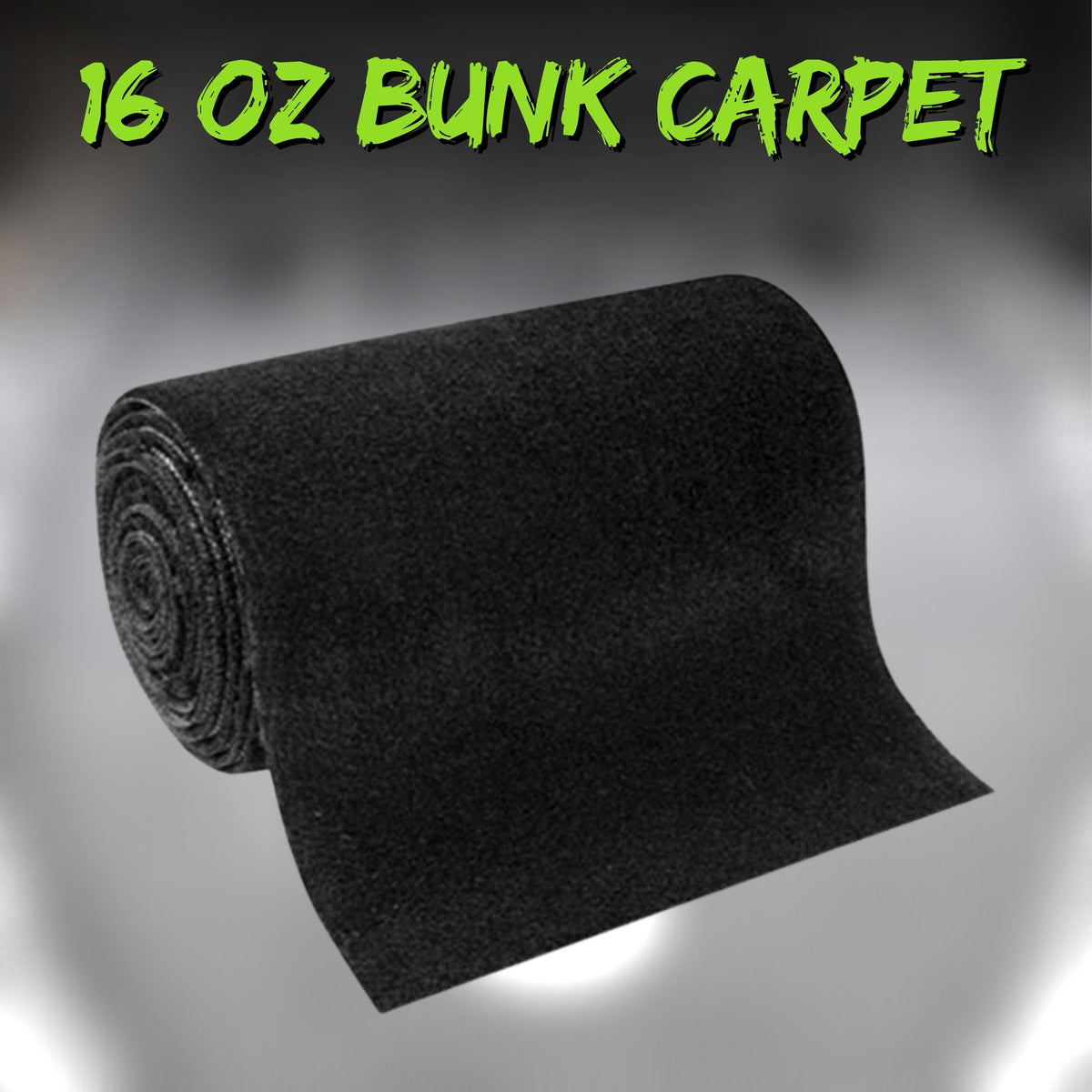 Rolled black 16 oz marine-grade polypropylene boat trailer bunk carpet with rubber backing.
