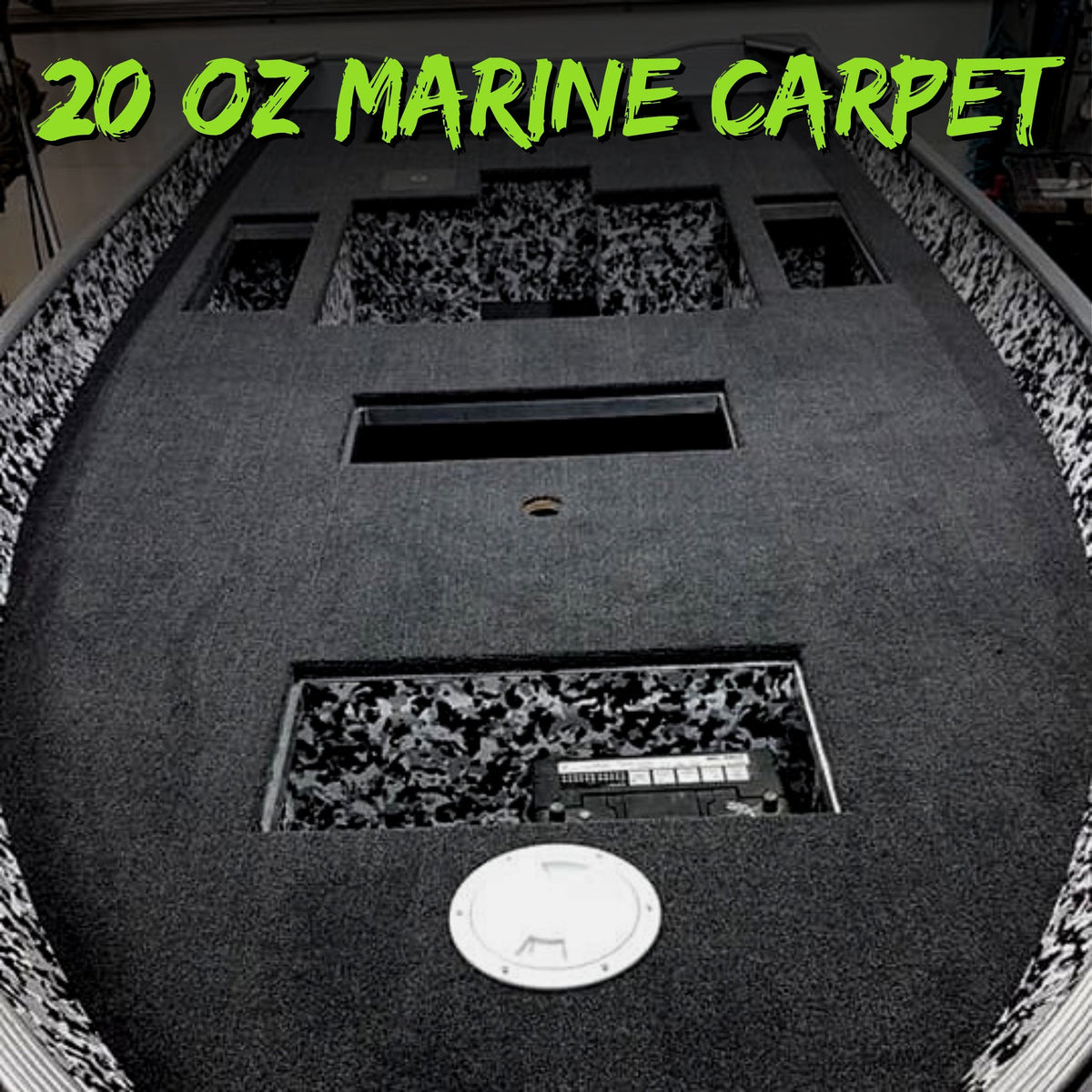 Dark gray 20 oz marine grade premium boat carpet installed on a boat deck, with speckled black and white accents.