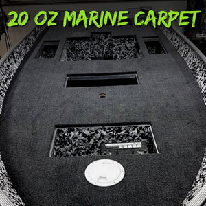 Dark gray 20 oz marine grade premium boat carpet installed on a boat deck, with speckled black and white accents.