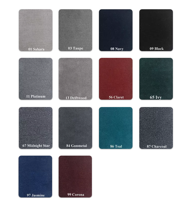 Swatches of 20 oz marine grade premium boat carpet in various colors: Sahara, Taupe, Navy, Black, Platinum, Driftwood, Claret, Ivy, Midnight Star, Gunmetal, Teal, Charcoal, Jasmine, and Corona.
