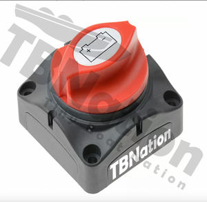 Black battery cutoff switch with a red rotary knob featuring a battery icon.