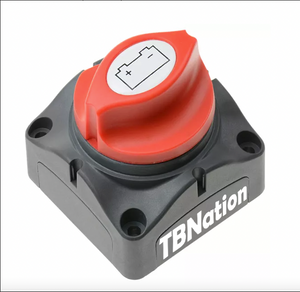 TBNation gray battery cutoff switch with a red rotary knob featuring a white battery icon.