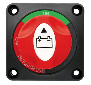 Black square battery cutoff switch with a red and white rotary knob, showing ON/OFF indicators and a battery icon.