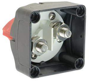 Gray battery cutoff switch with a red handle and two 3/8" terminal posts.