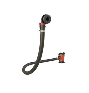 Black 3/4" hose with red and black fittings, connected to a red and black Johnson 1000 GPH bilge pump.