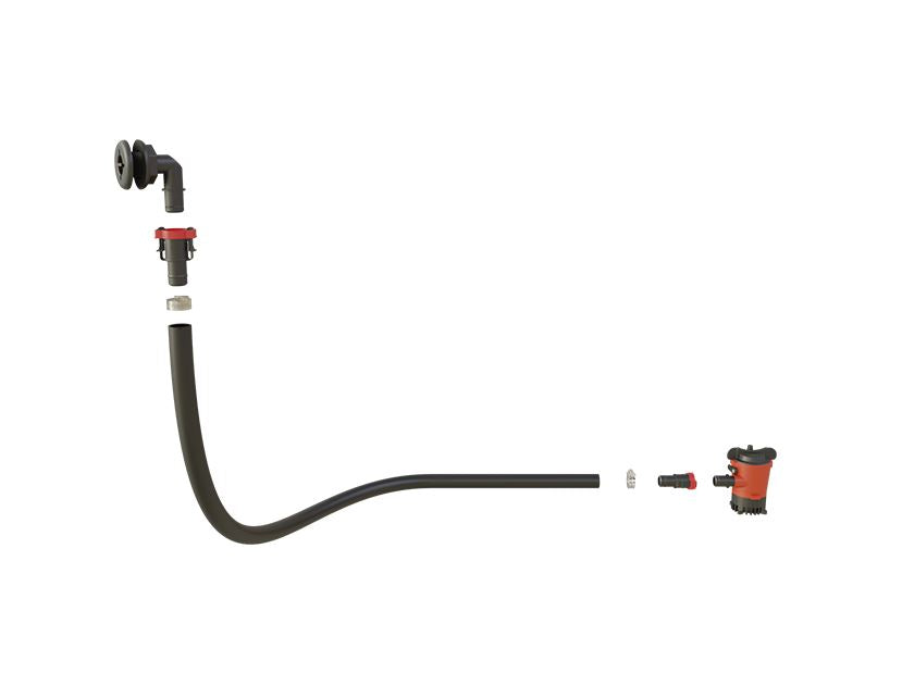 Black 3/4" hose with red and black fittings, connected to a red and black Johnson 1000 GPH bilge pump.