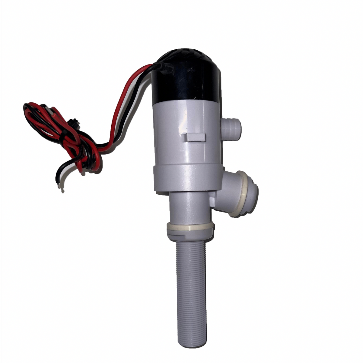 Gray and black Flow-Rite livewell pump with threaded base and red, white, black wires.