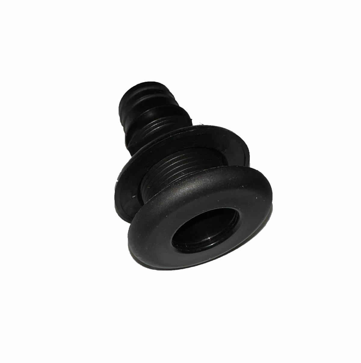 Black plastic straight 1-1/8" thru-hull fitting with threaded body and hose barb end for livewell systems.