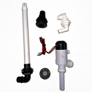 Flow-Rite Essentials Livewell Kit components: white standpipe, black thru-hulls, aerating nozzle, and pump.
