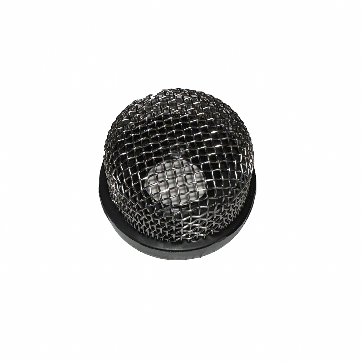 Silver stainless mesh drain with a black base for a livewell system.