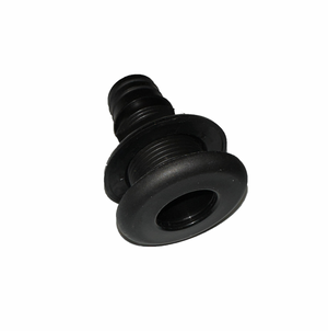 Black plastic 1-1/8" thru-hull fitting with threaded body and ribbed hose barb.
