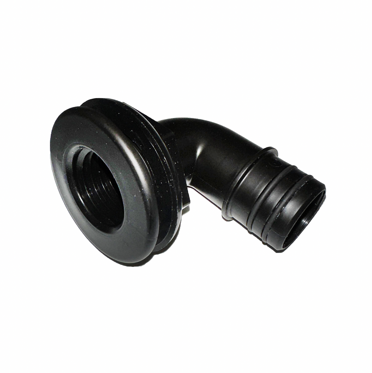 Black Flow-Rite 1-1/8" thru-hull elbow for livewell systems, featuring a threaded end and ribbed hose barb.