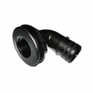Black Flow-Rite 1-1/8" thru-hull elbow for livewell systems, featuring a threaded end and ribbed hose barb.