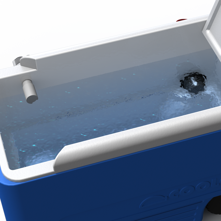 Blue cooler interior with white liner, filled with water, showing a black aerator nozzle and a white drain.