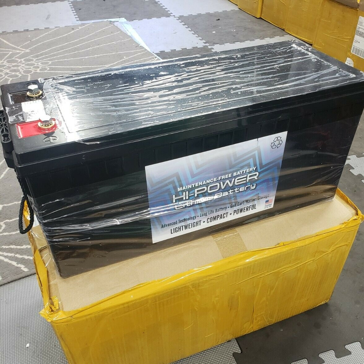 Black Hi-Power 48V Lithium Battery Pack, wrapped in plastic, on a yellow-taped cardboard box.