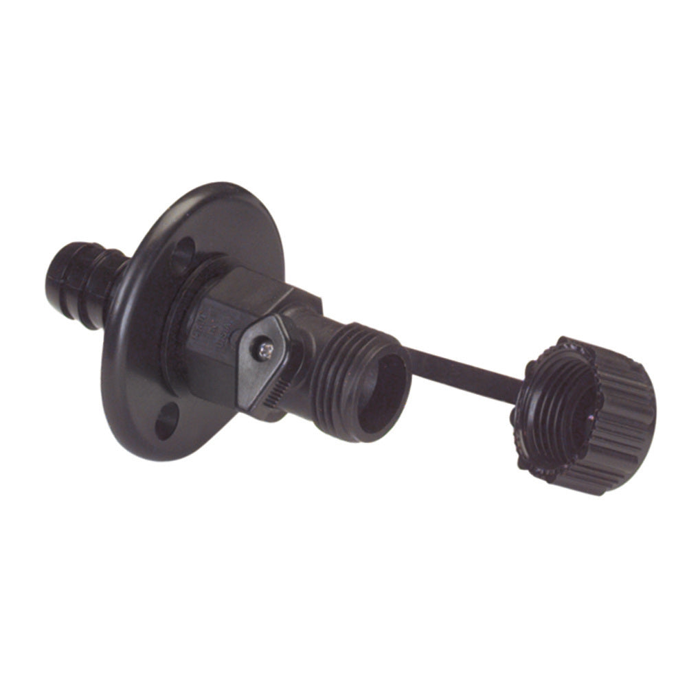 Black Johnson Pump bulkhead fitting for 3/4" hose with ribbed cap and mounting flange.