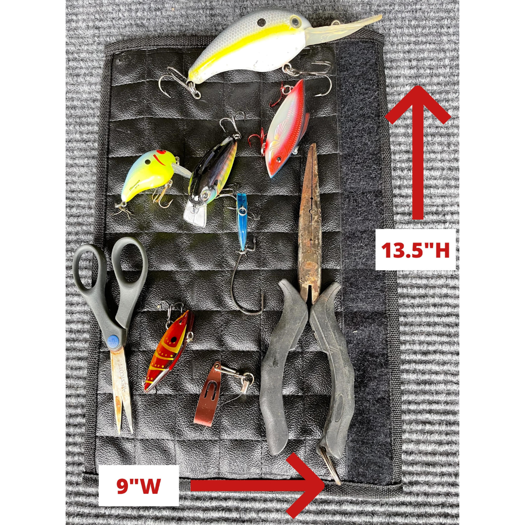 Black quilted Magnalure Pro Wrap with fishing lures, pliers, and scissors, showing 13.5"H x 9"W.