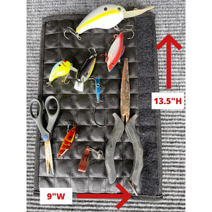 Black quilted Magnalure Pro Wrap with fishing lures, pliers, and scissors, showing 13.5"H x 9"W.