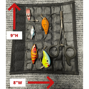 Black quilted Magnalure Wrap holding fishing lures, snips, and pliers, with 9"H x 8"W dimensions.
