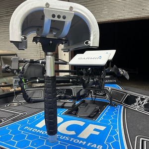 Black Magnalure Wrap on a boat seat pedestal, holding a Garmin fish finder.