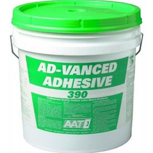 White one-gallon bucket of AD-VANCED ADHESIVE 390 marine carpet glue with a bright green lid.