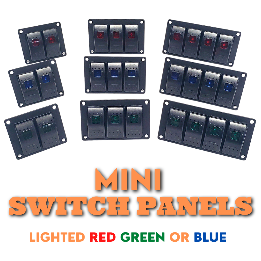 Black aluminum mini switch panels with 2, 3, 4, or 5 lighted rocker switches in red, green, or blue.