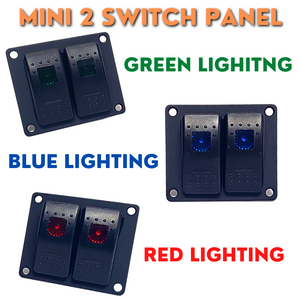 Black aluminum mini 2-switch panel with green, blue, and red lighted rocker switches for boats.