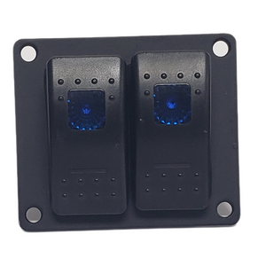 Black solid aluminum mini switch panel with two blue lighted rocker switches and mounting holes.