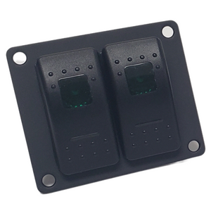 Black aluminum mini switch panel with two lighted rocker switches.