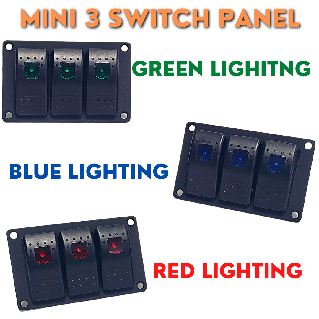 Black aluminum mini 3-switch panel with green, blue, and red lighted rocker switches.