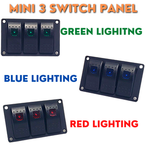 Black aluminum mini 3-switch panel with green, blue, and red lighted rocker switches.