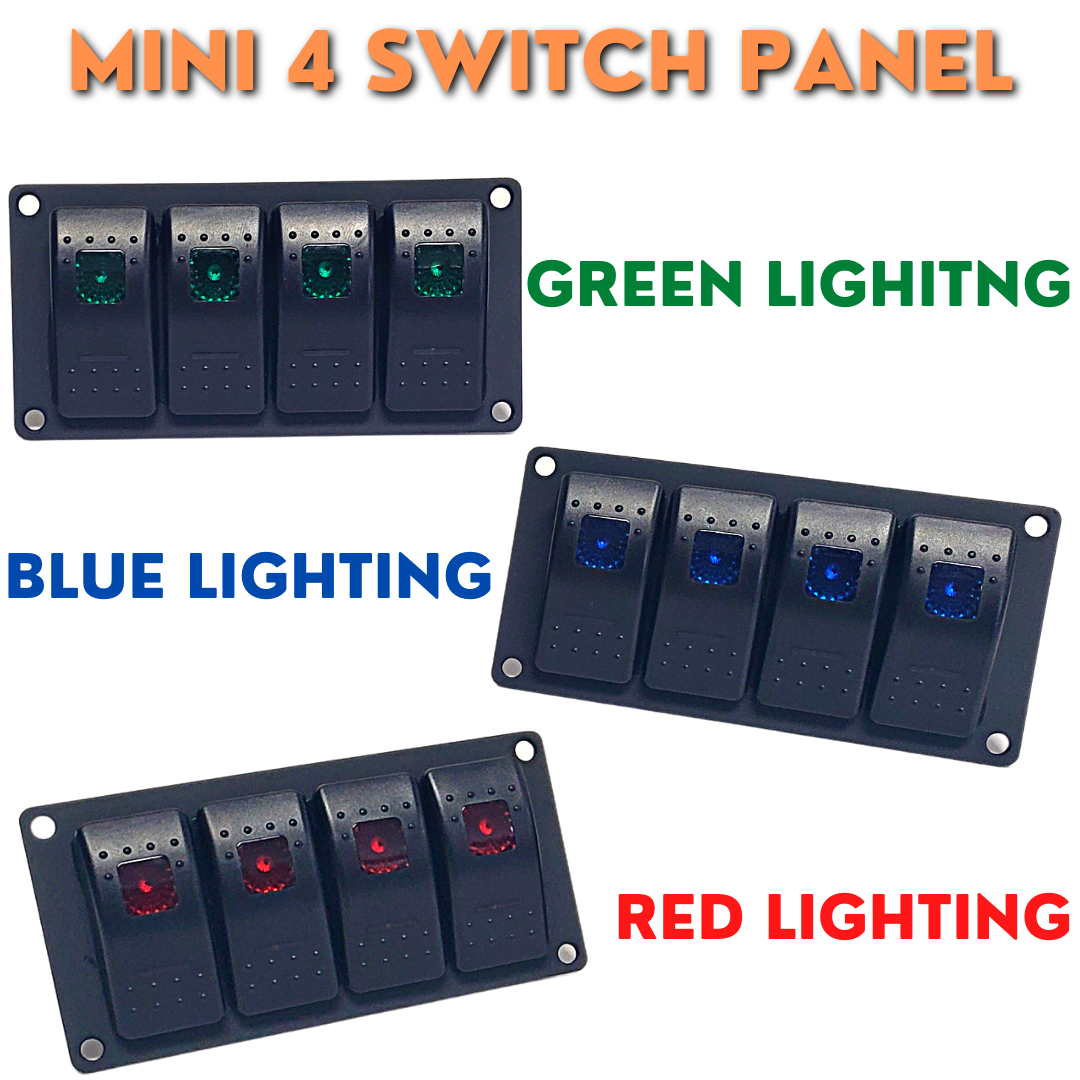 Black aluminum mini 4-switch panels with green, blue, and red lighted rocker switches for boats.