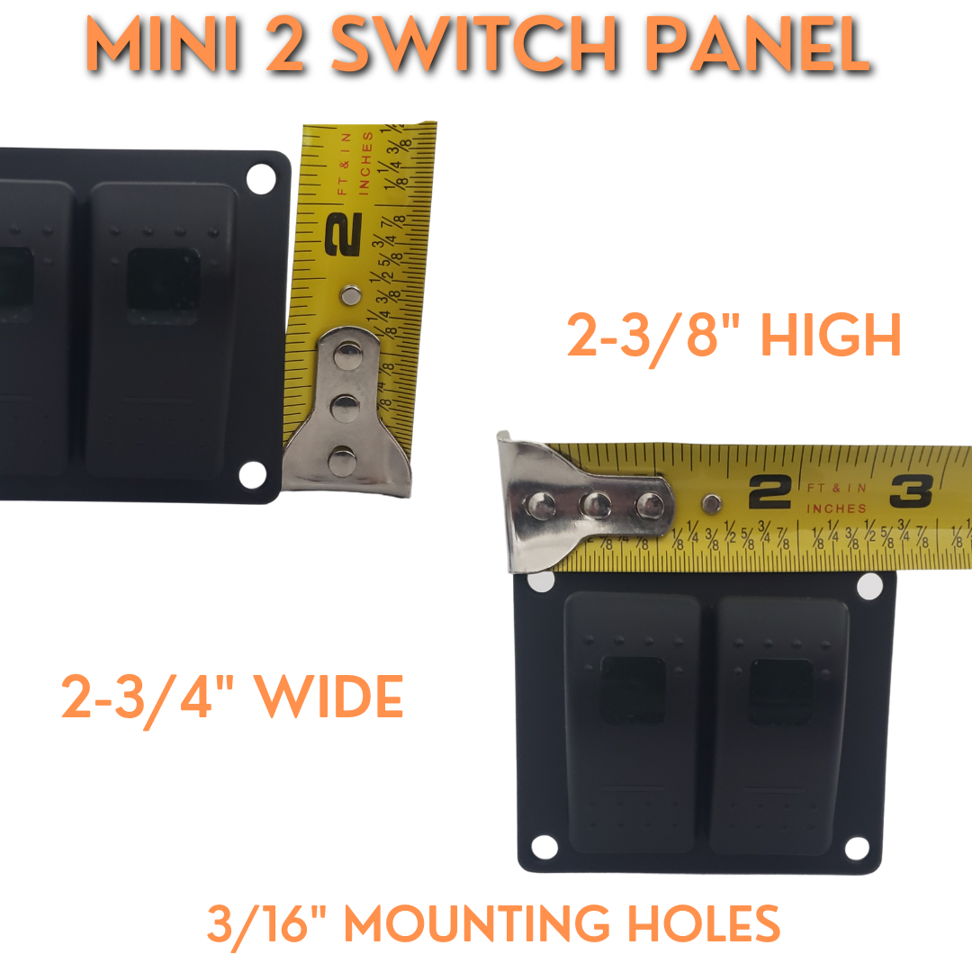 Black aluminum mini 2-switch panel, 2-3/8" high x 2-3/4" wide, with lighted rocker switches.