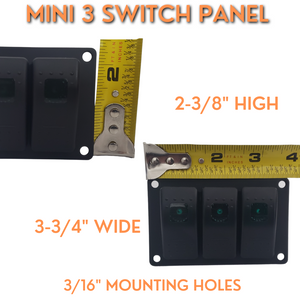 Black aluminum mini 3-switch panel with green lighted rocker switches, measuring 2-3/8" high by 3-3/4" wide.