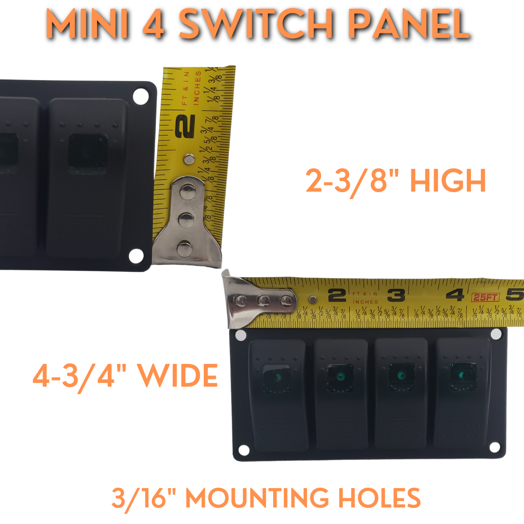 Black aluminum mini 4-switch panel with lighted rocker switches, 2-3/8" high, 4-3/4" wide.