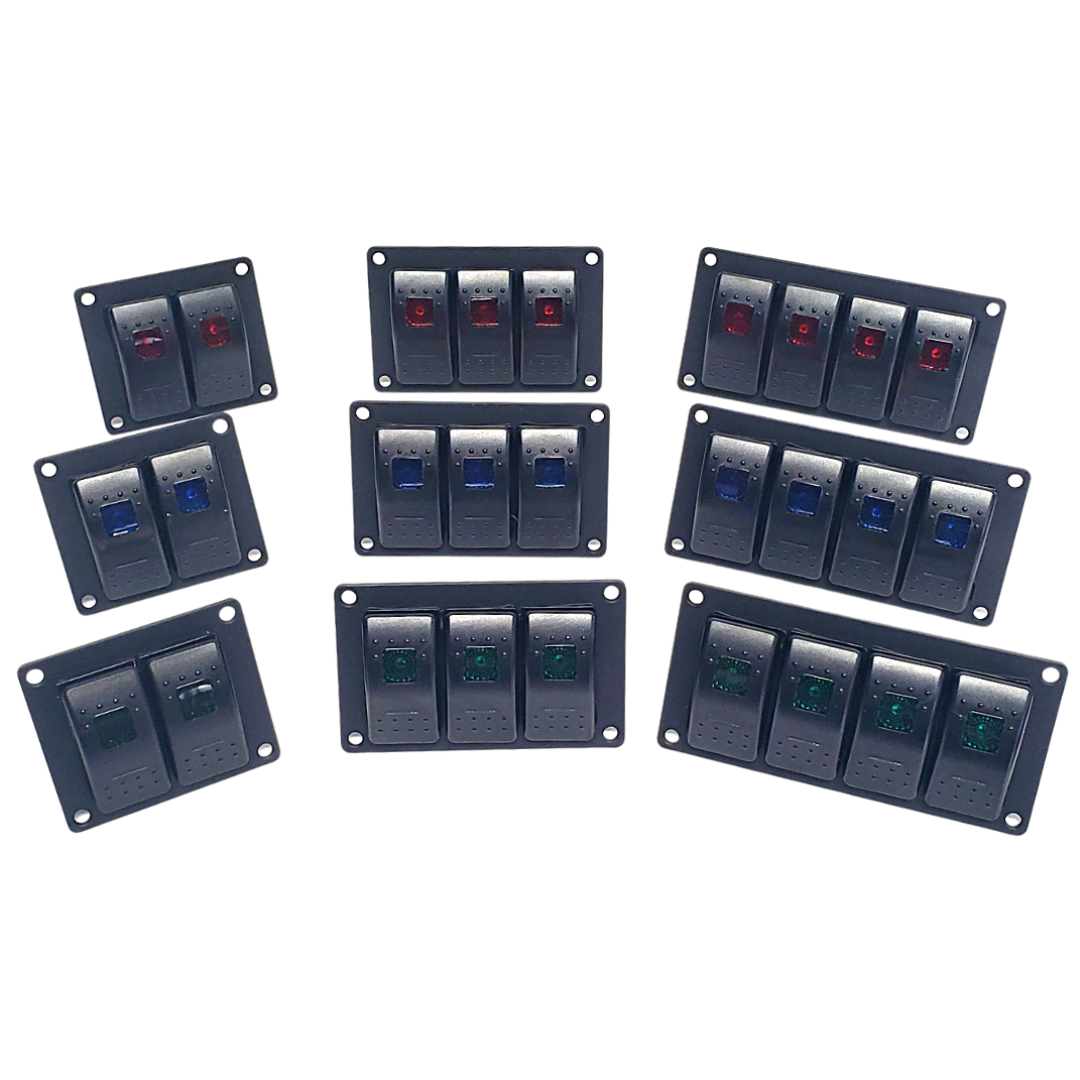 Black aluminum mini switch panels with 2, 3, 4, 5, 6, and 8 lighted rocker switches in green, blue, and red.